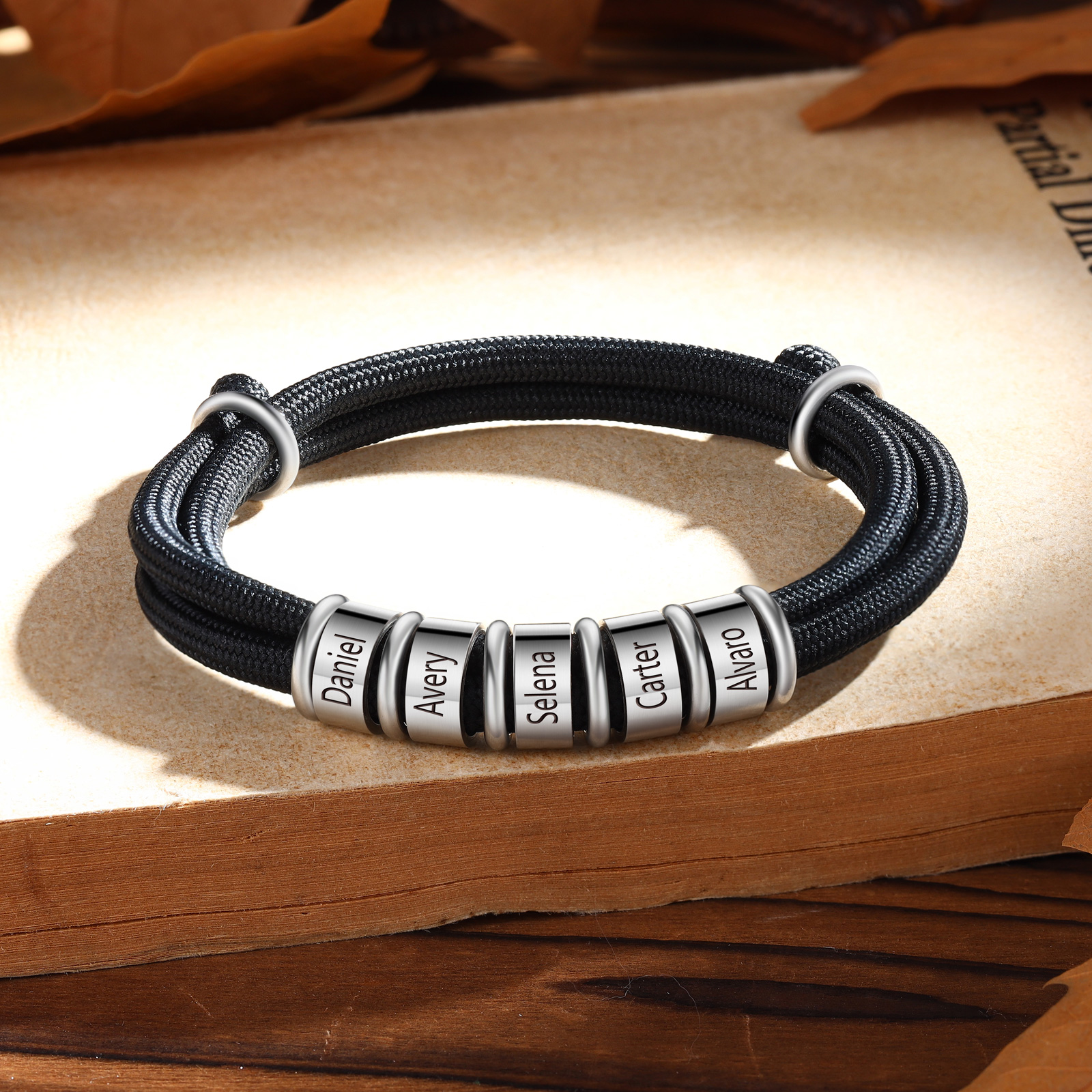 5 Names Personalised Men's Bracelet – Adjustable Rope with Custom Name Beads | Jessemade