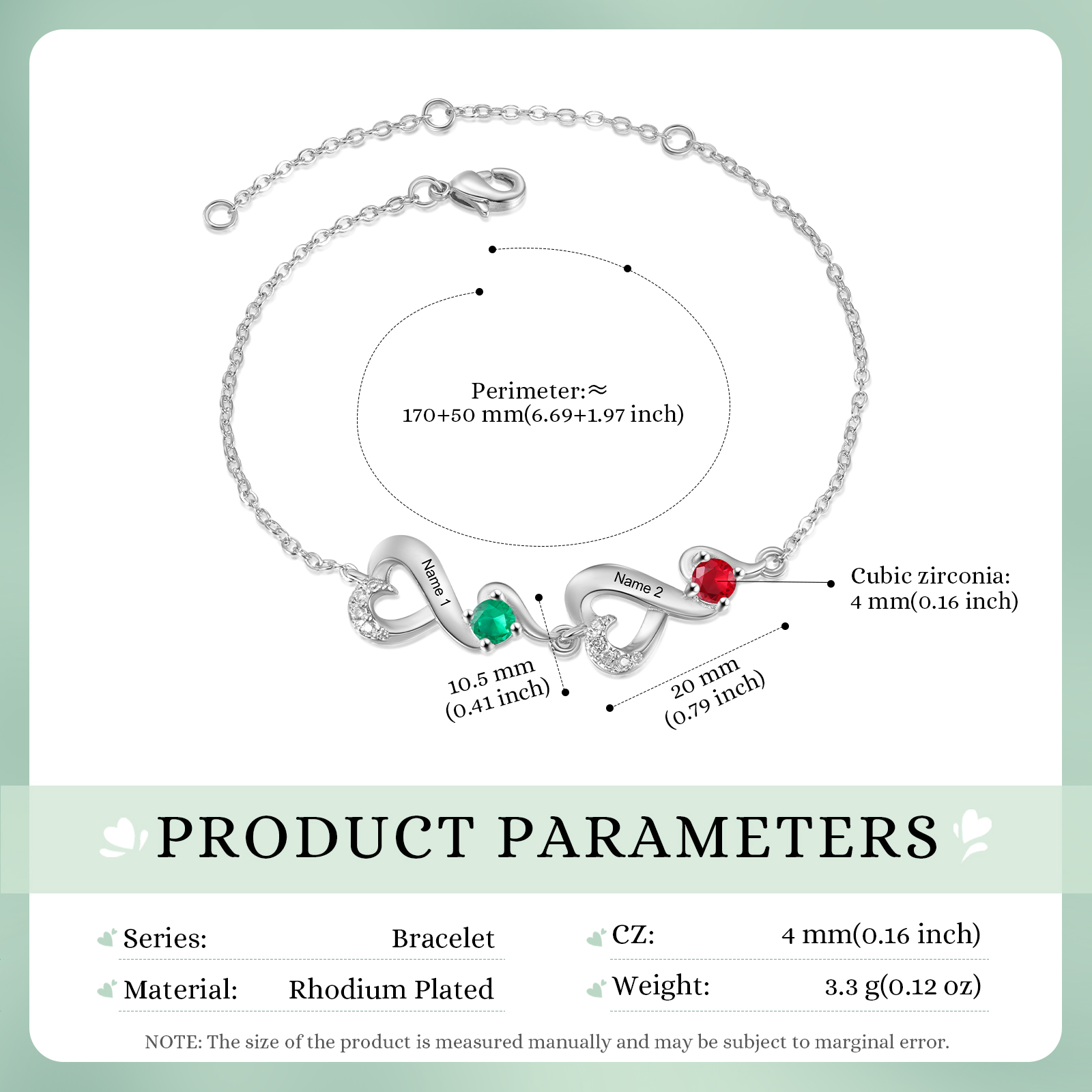 Personalised 2 Names and Birthstones Heart Bracelet Gift for Her | Jessemade