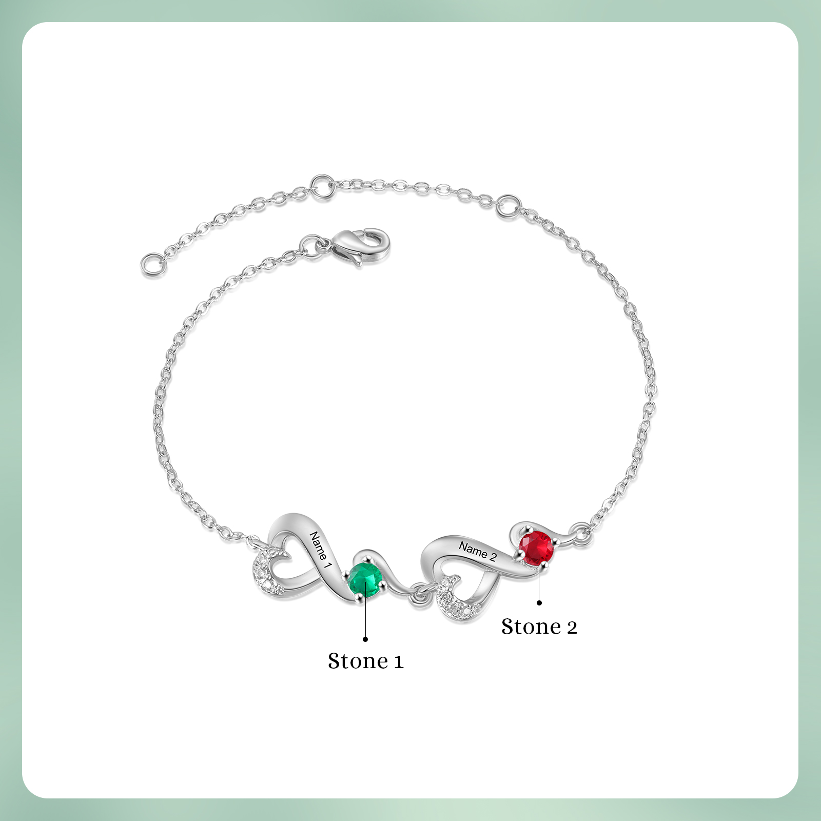 Personalised 2 Names and Birthstones Heart Bracelet Gift for Her | Jessemade