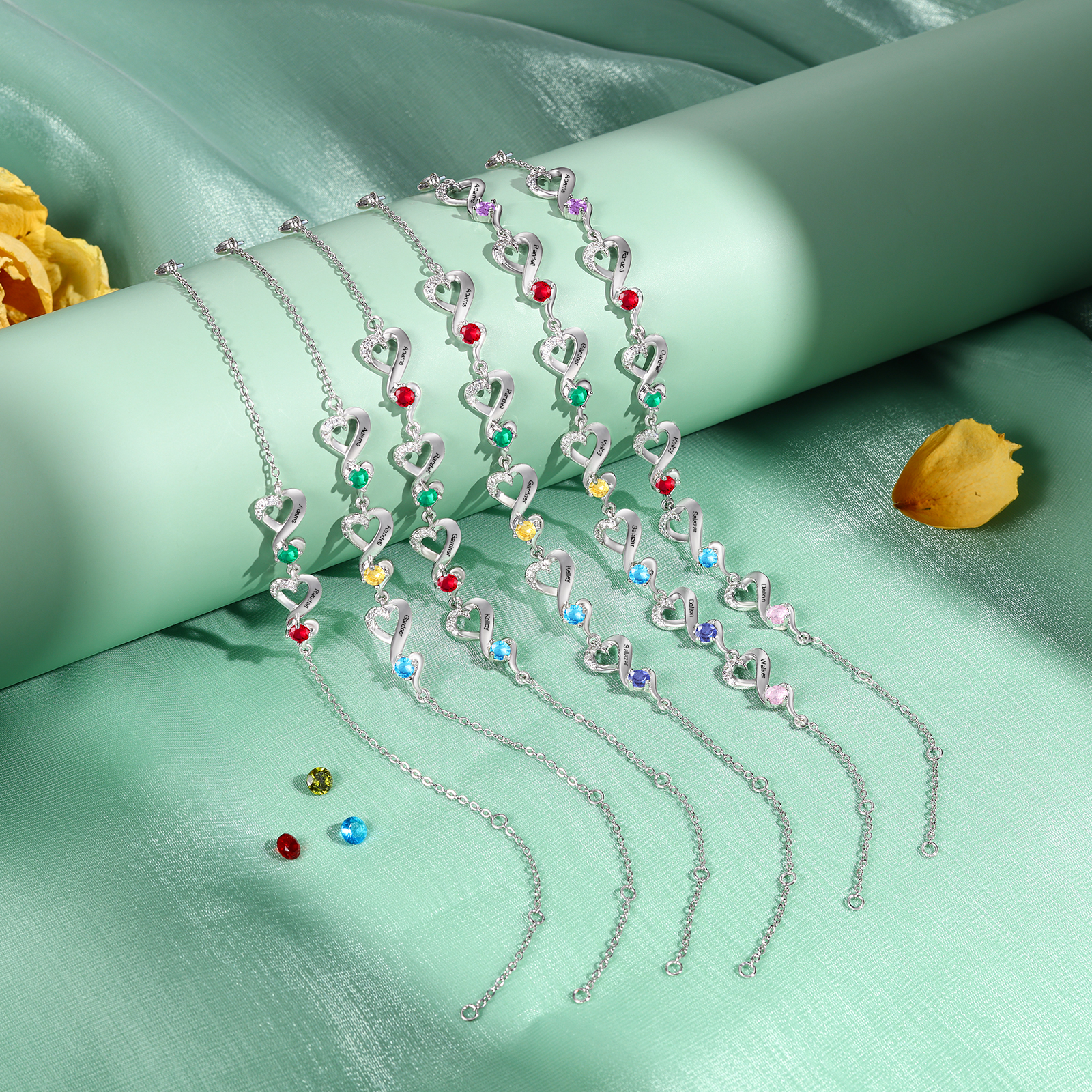 Personalised 5 Names and Birthstones Heart Bracelet Gift for Her | Jessemade