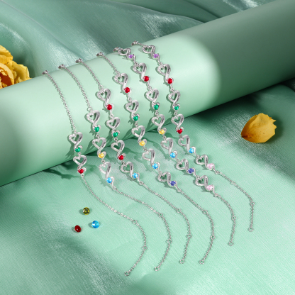 Personalised 5 Names and Birthstones Heart Bracelet Gift for Her | Jessemade