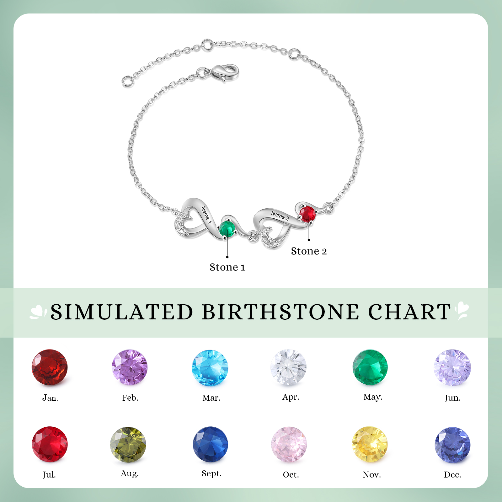 Personalised 2 Names and Birthstones Heart Bracelet Gift for Her | Jessemade