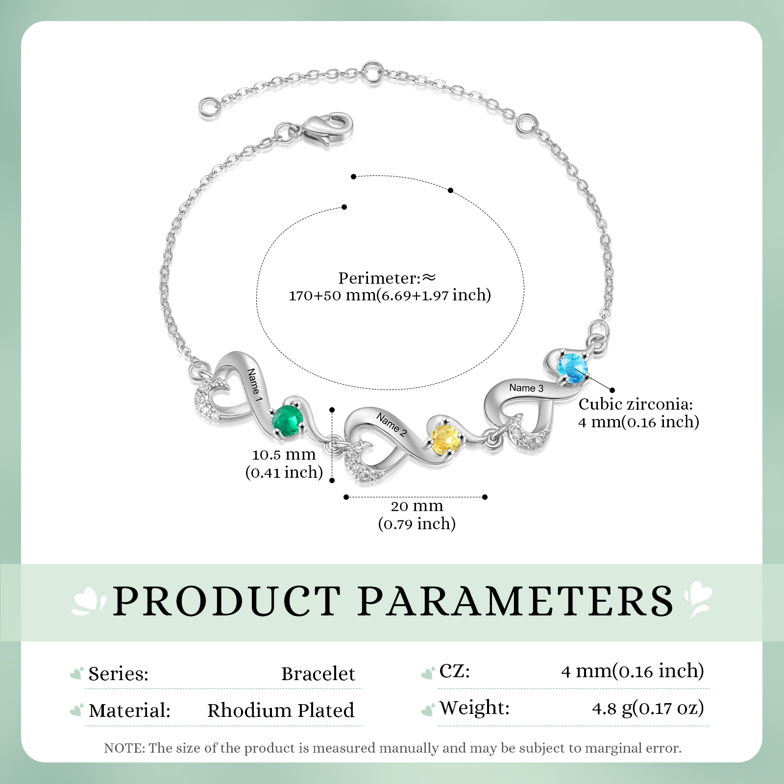 Personalised 3 Names and Birthstones Heart Bracelet Gift for Her | Jessemade