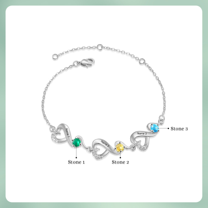 Personalised 3 Names and Birthstones Heart Bracelet Gift for Her | Jessemade