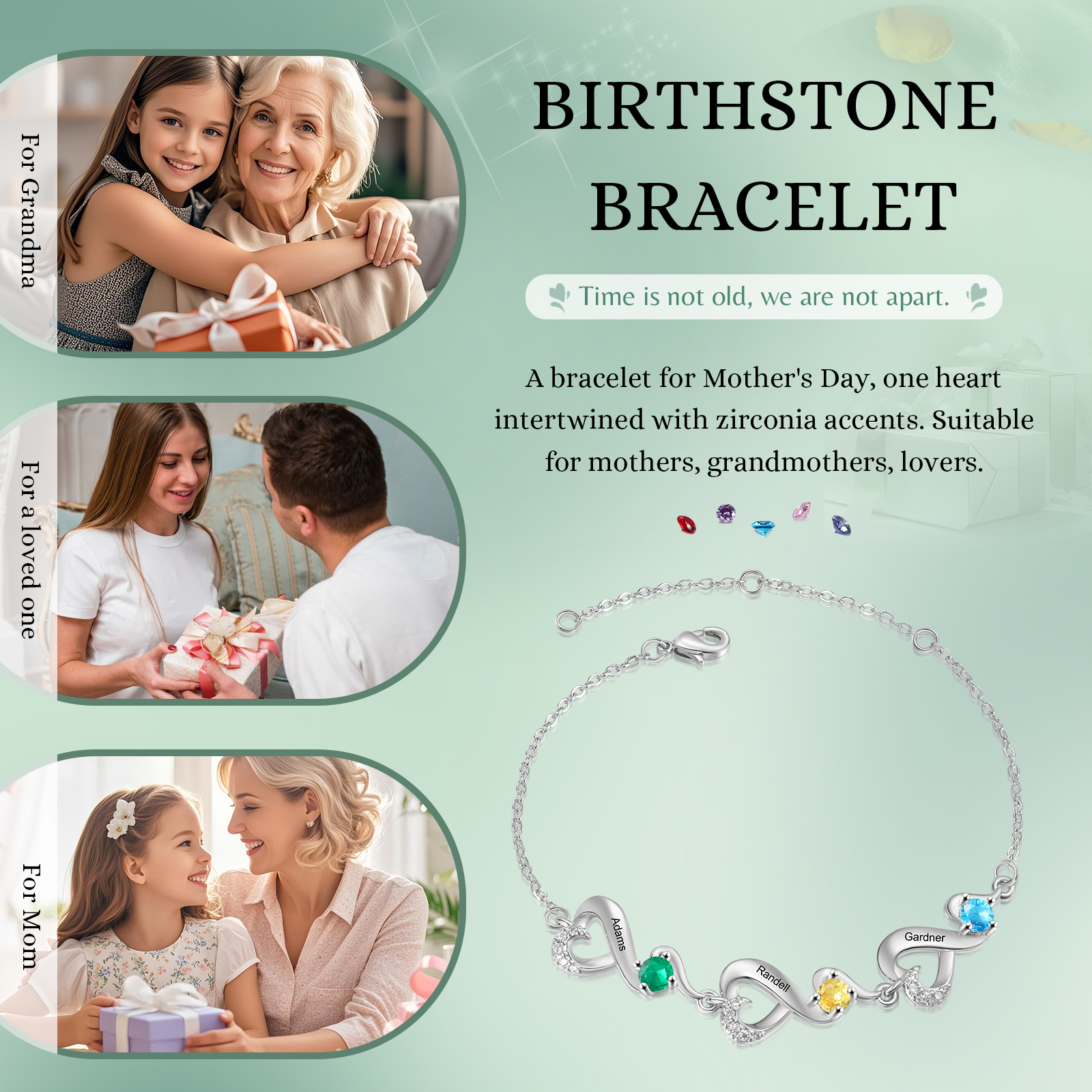 Personalised 3 Names and Birthstones Heart Bracelet Gift for Her | Jessemade