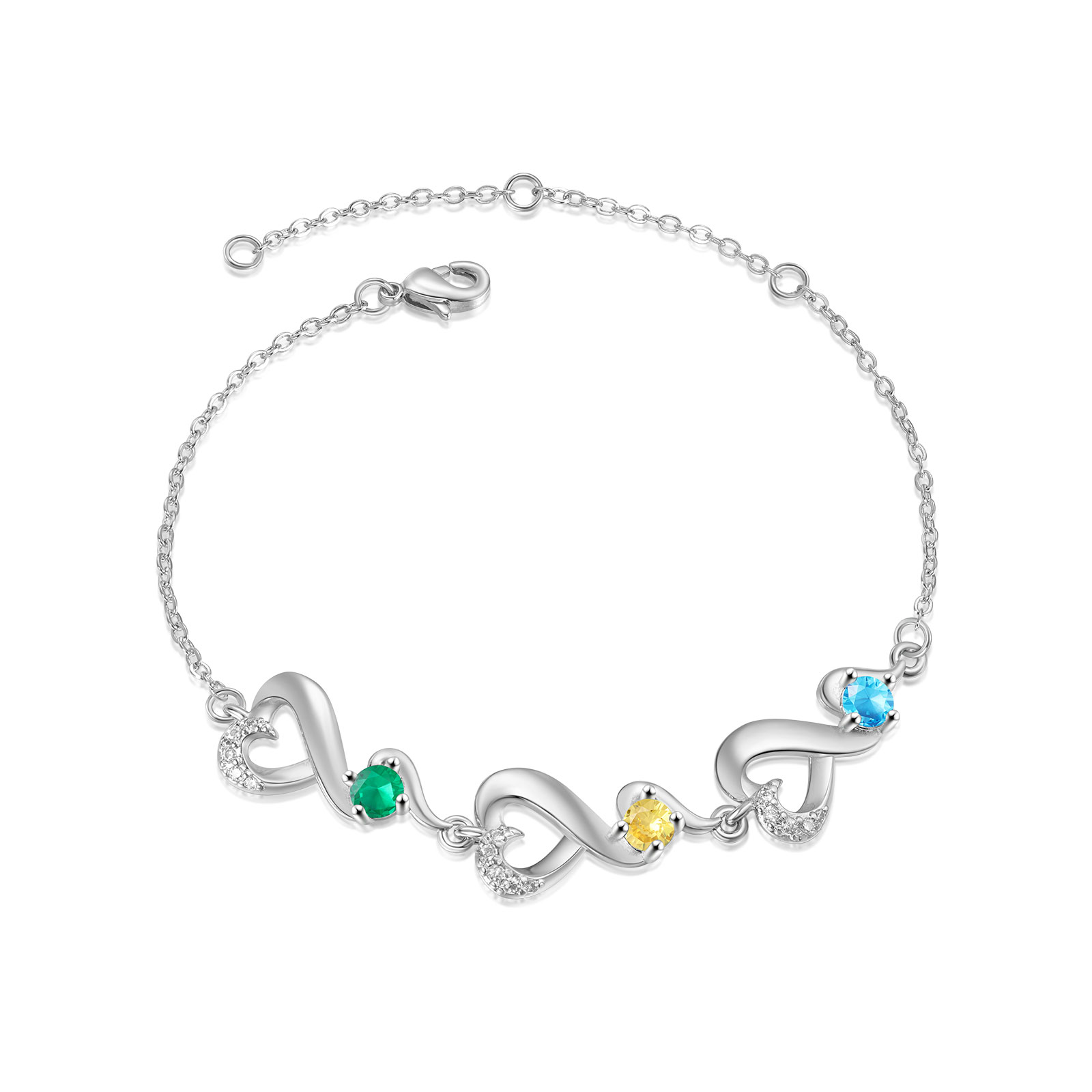 Personalised 3 Names and Birthstones Heart Bracelet Gift for Her | Jessemade