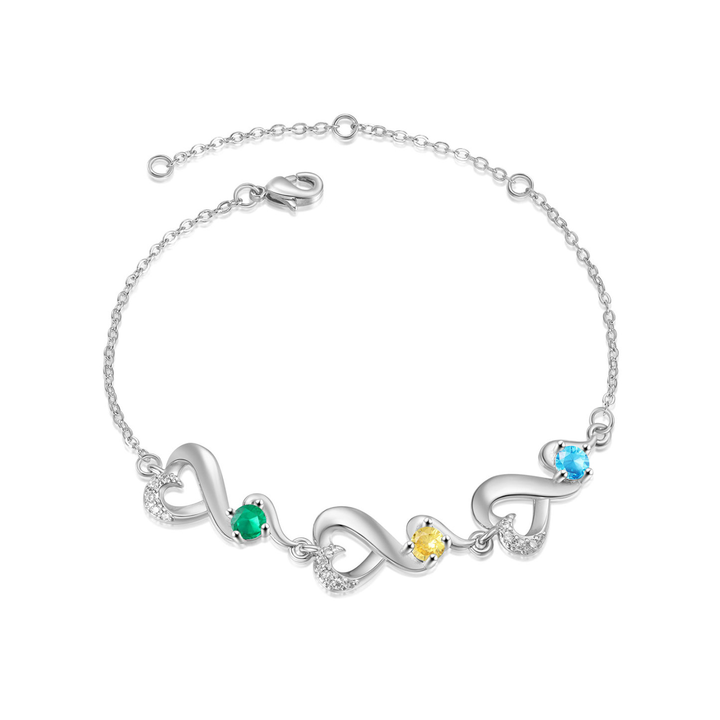 Personalised 3 Names and Birthstones Heart Bracelet Gift for Her | Jessemade