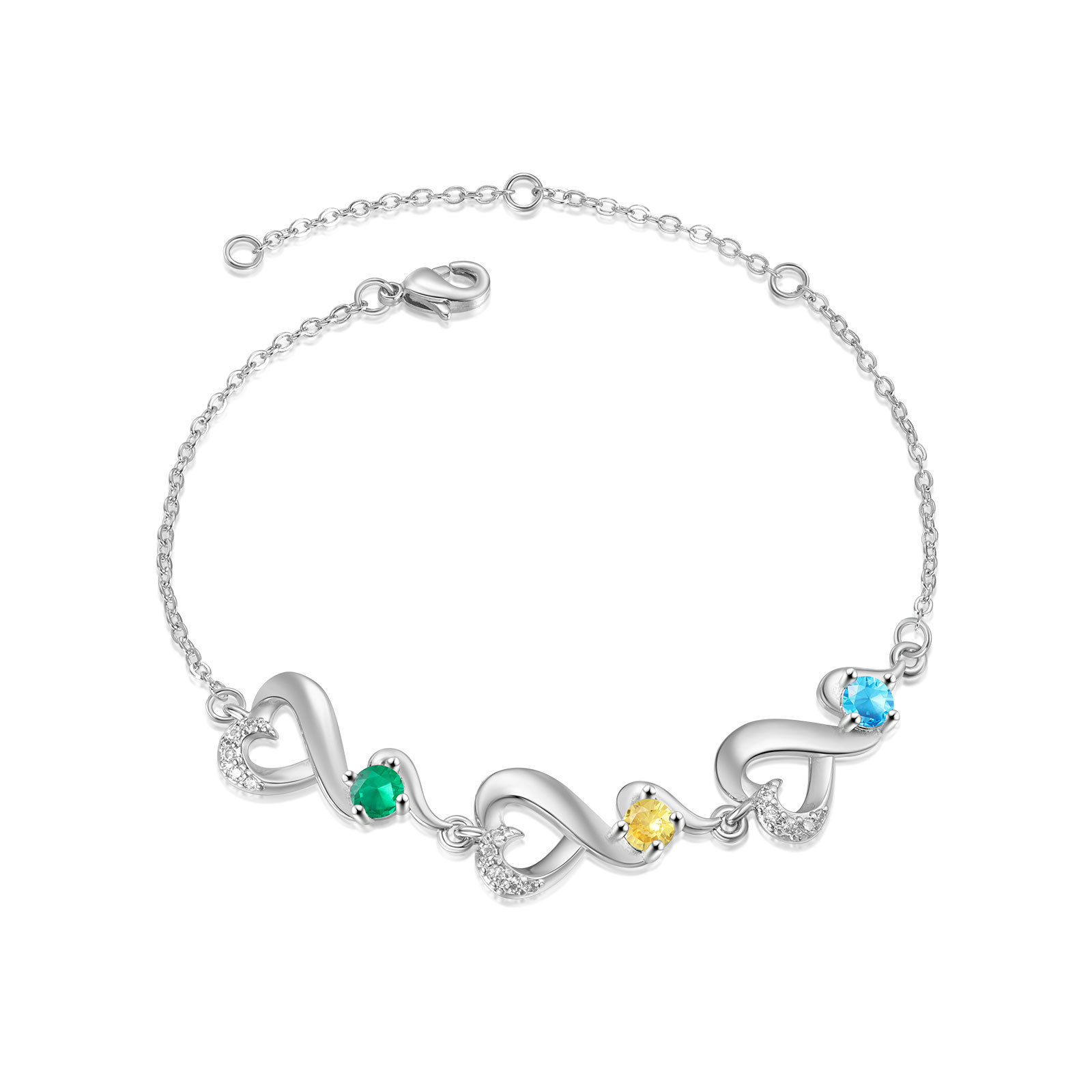 Personalised 3 Names and Birthstones Heart Bracelet Gift for Her | Jessemade