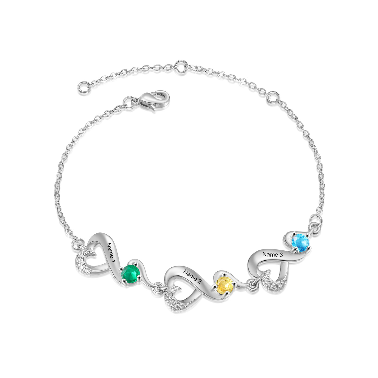 Personalised 3 Names and Birthstones Heart Bracelet Gift for Her | Jessemade
