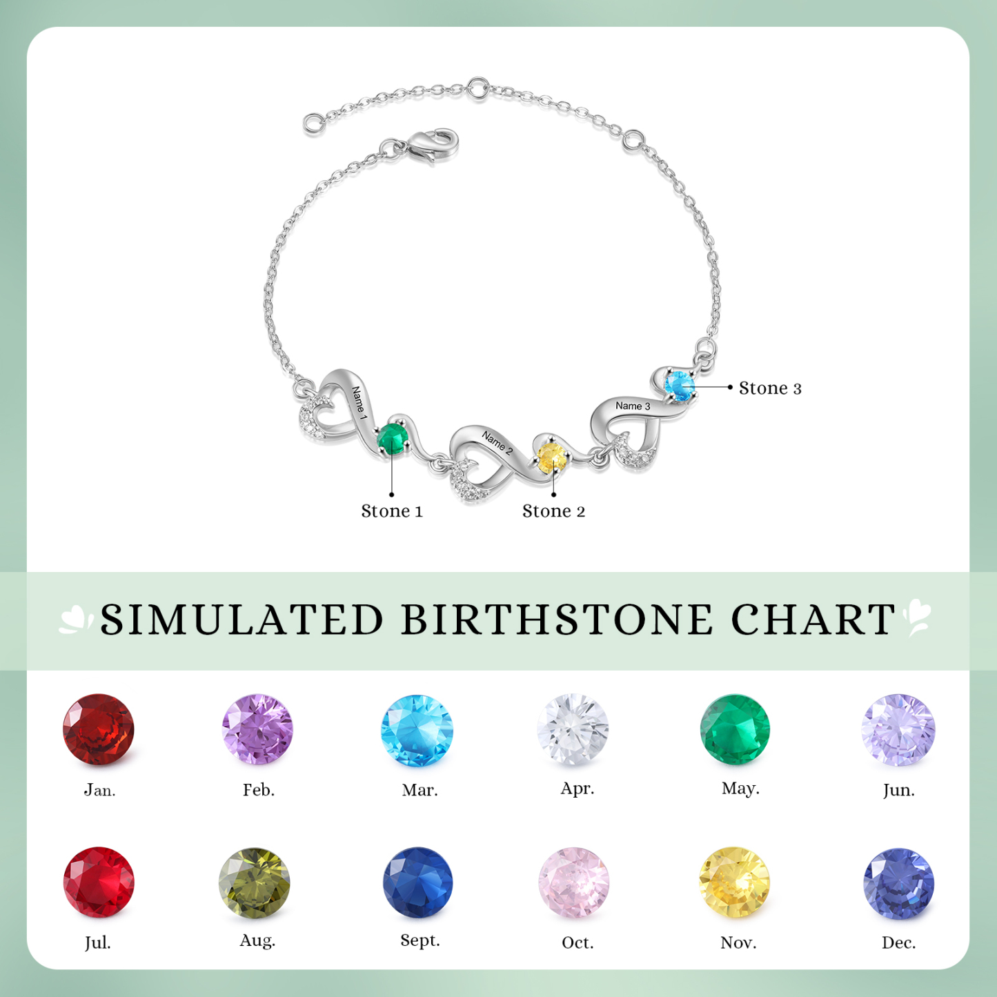 Personalised 3 Names and Birthstones Heart Bracelet Gift for Her | Jessemade