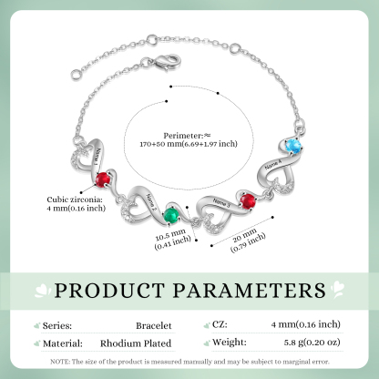Personalised 4 Names and Birthstones Heart Bracelet Gift for Her | Jessemade