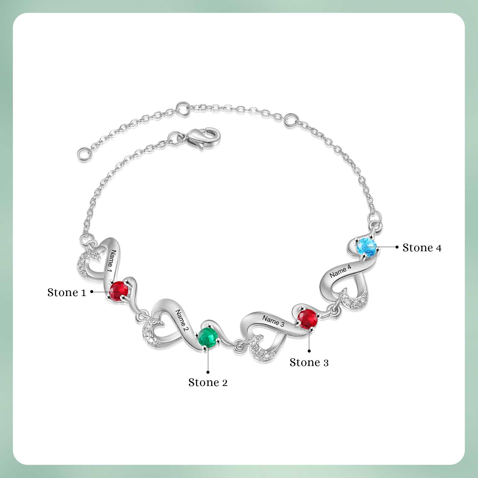 Personalised 4 Names and Birthstones Heart Bracelet Gift for Her | Jessemade