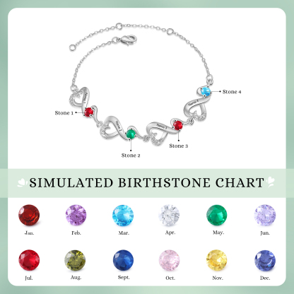 Personalised 4 Names and Birthstones Heart Bracelet Gift for Her | Jessemade