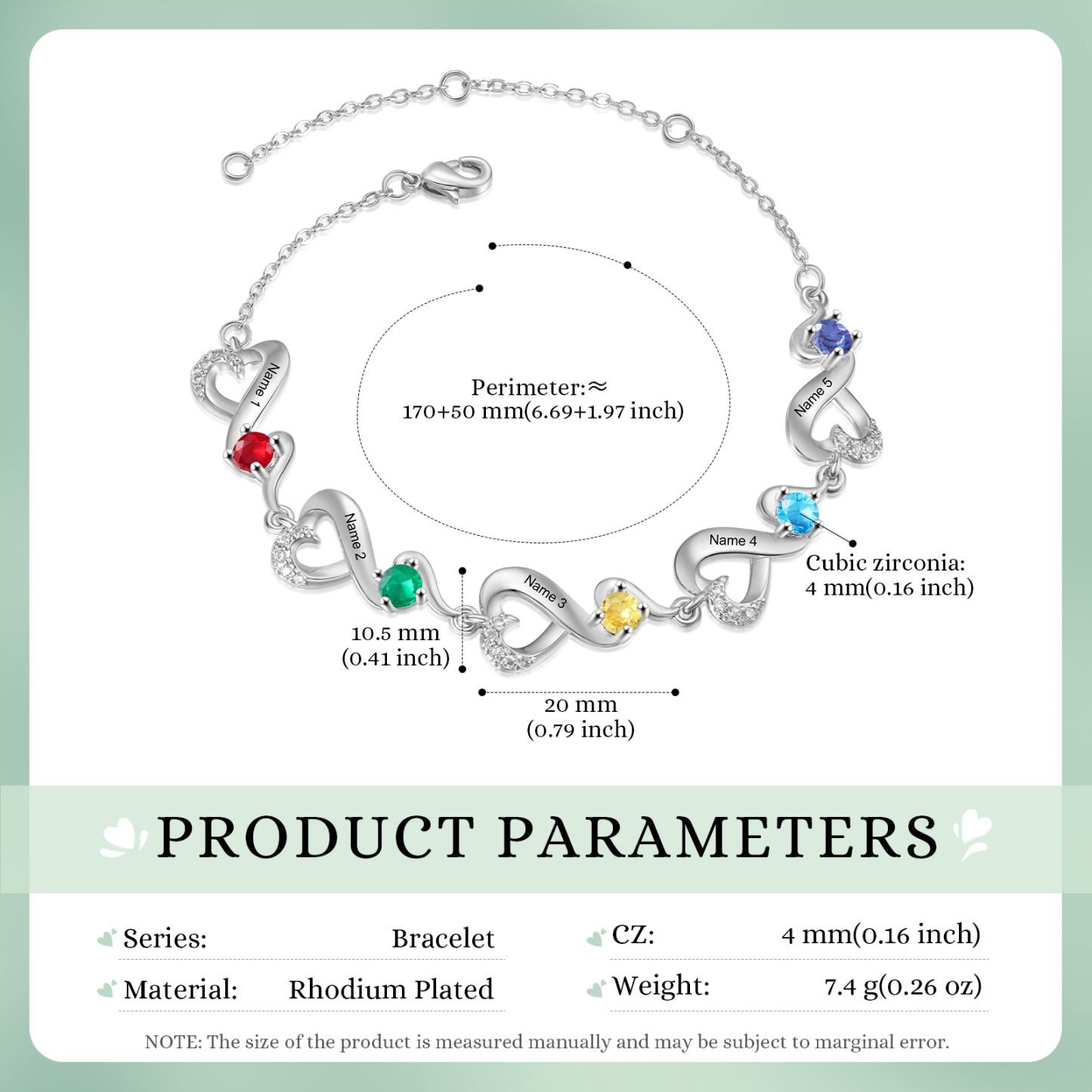 Personalised 5 Names and Birthstones Heart Bracelet Gift for Her | Jessemade