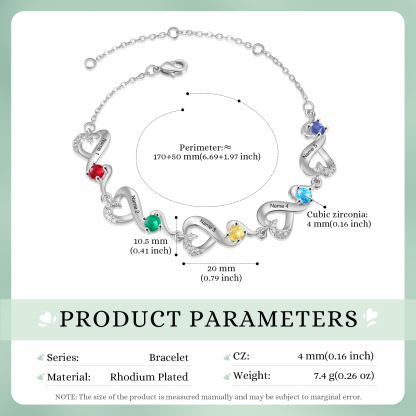 Personalised 5 Names and Birthstones Heart Bracelet Gift for Her | Jessemade