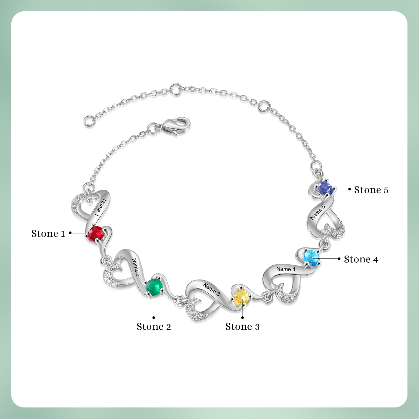 Personalised 5 Names and Birthstones Heart Bracelet Gift for Her | Jessemade