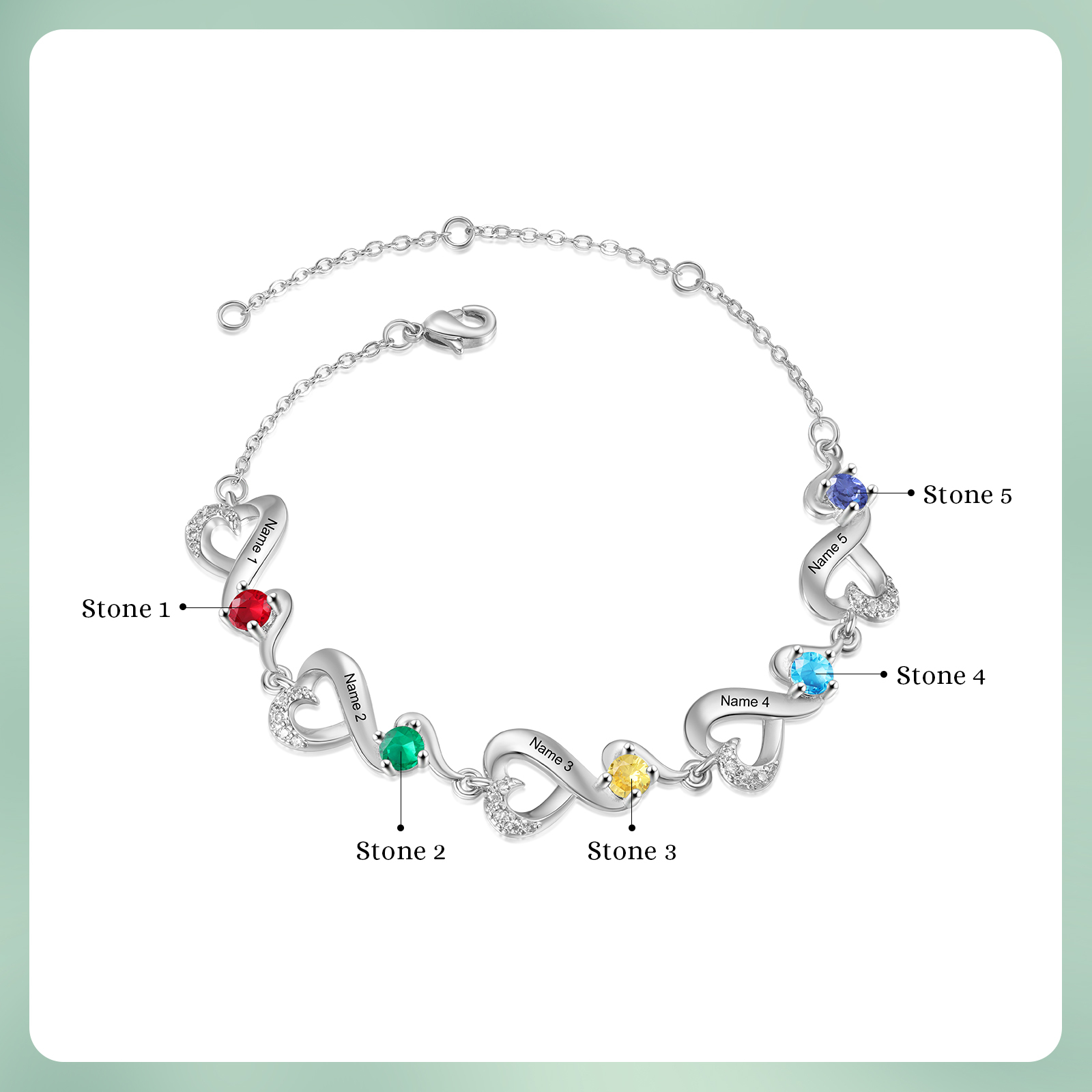 Personalised 5 Names and Birthstones Heart Bracelet Gift for Her | Jessemade