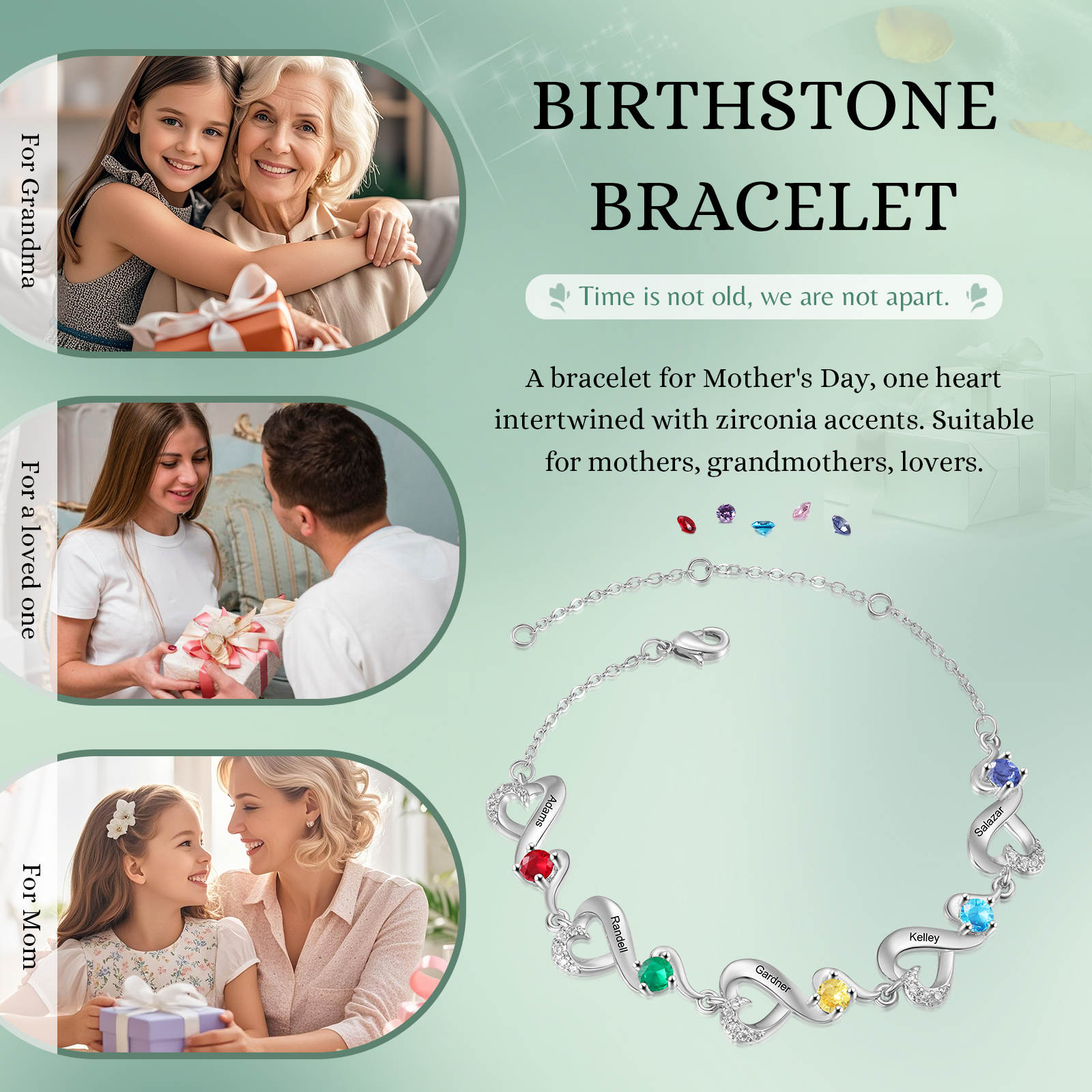 Personalised 5 Names and Birthstones Heart Bracelet Gift for Her | Jessemade