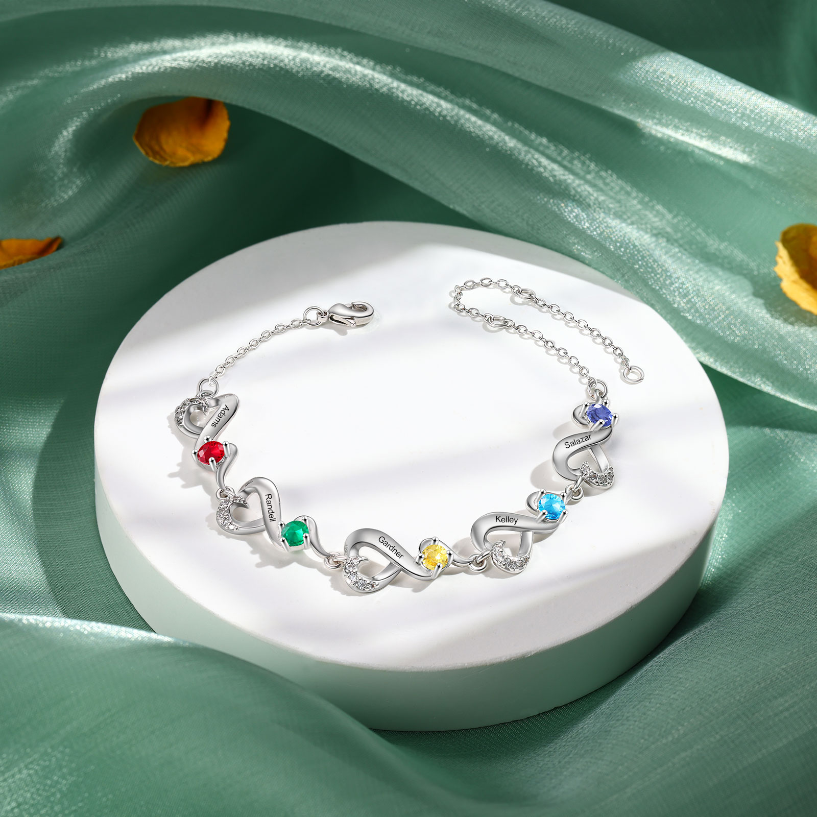 Personalised 5 Names and Birthstones Heart Bracelet Gift for Her | Jessemade