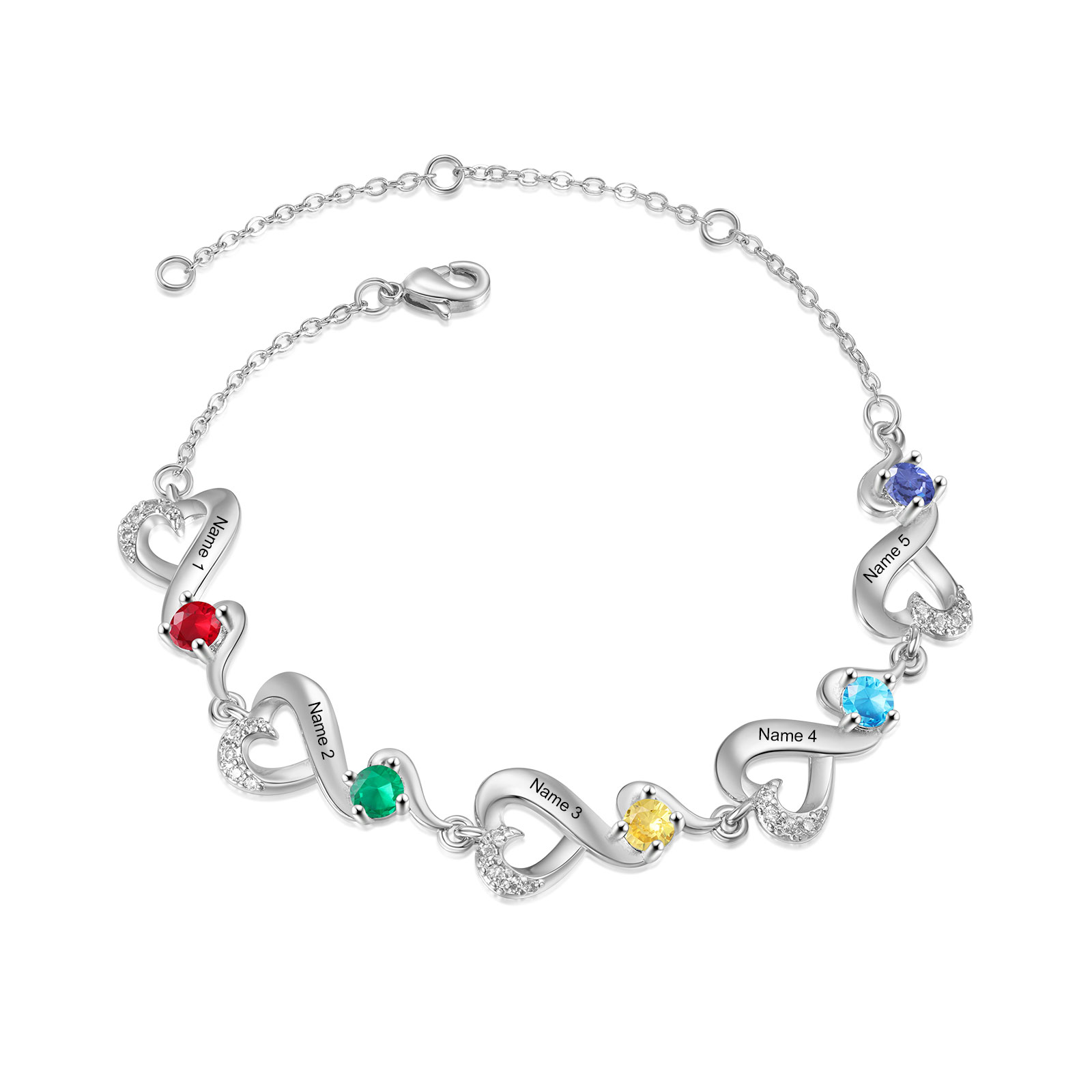 Personalised 5 Names and Birthstones Heart Bracelet Gift for Her | Jessemade