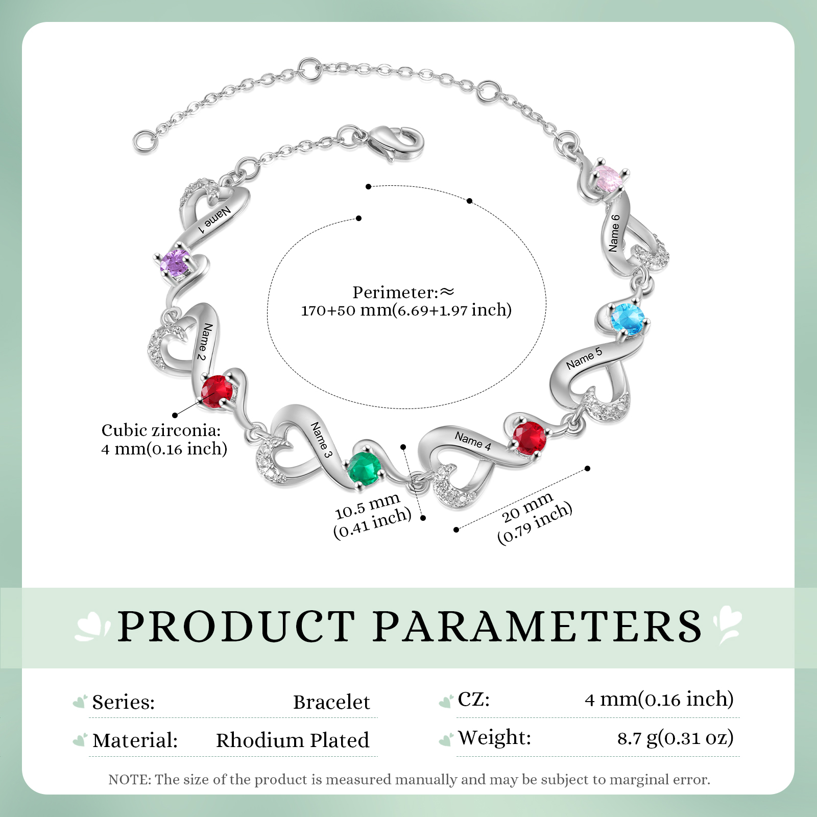 Personalised 6 Names and Birthstones Heart Bracelet Gift for Her | Jessemade