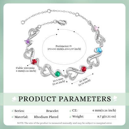 Personalised 6 Names and Birthstones Heart Bracelet Gift for Her | Jessemade