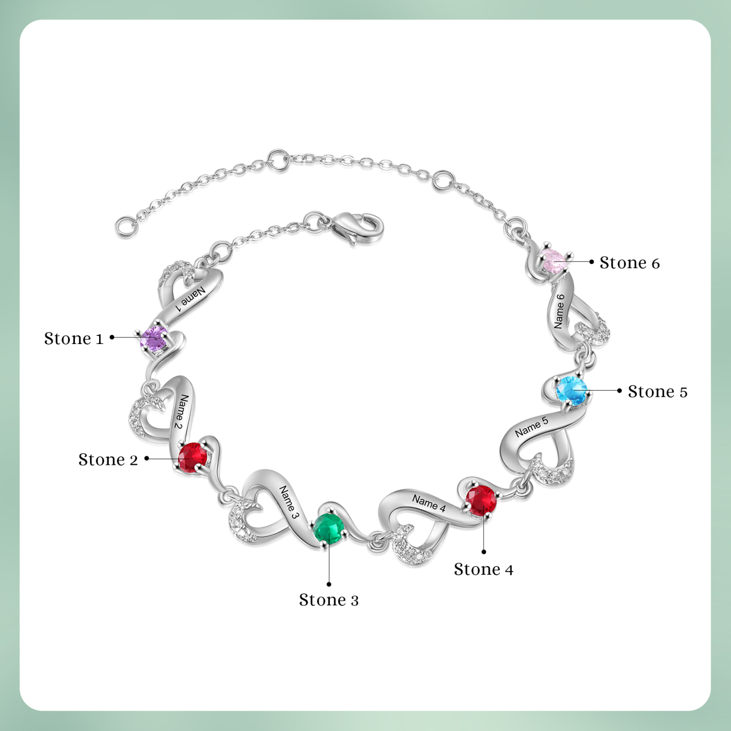 Personalised 6 Names and Birthstones Heart Bracelet Gift for Her | Jessemade
