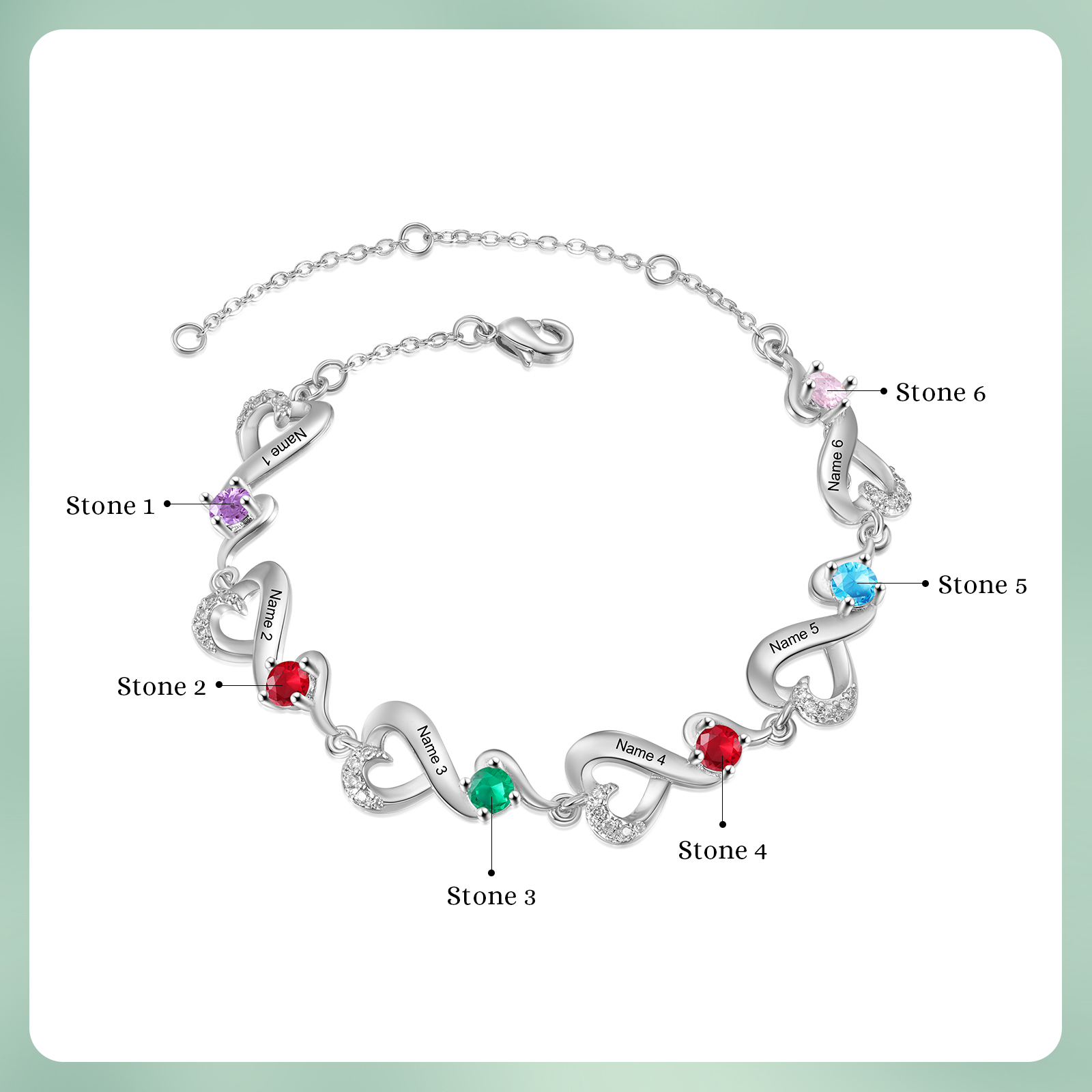 Personalised 6 Names and Birthstones Heart Bracelet Gift for Her | Jessemade