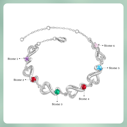 Personalised 6 Names and Birthstones Heart Bracelet Gift for Her | Jessemade