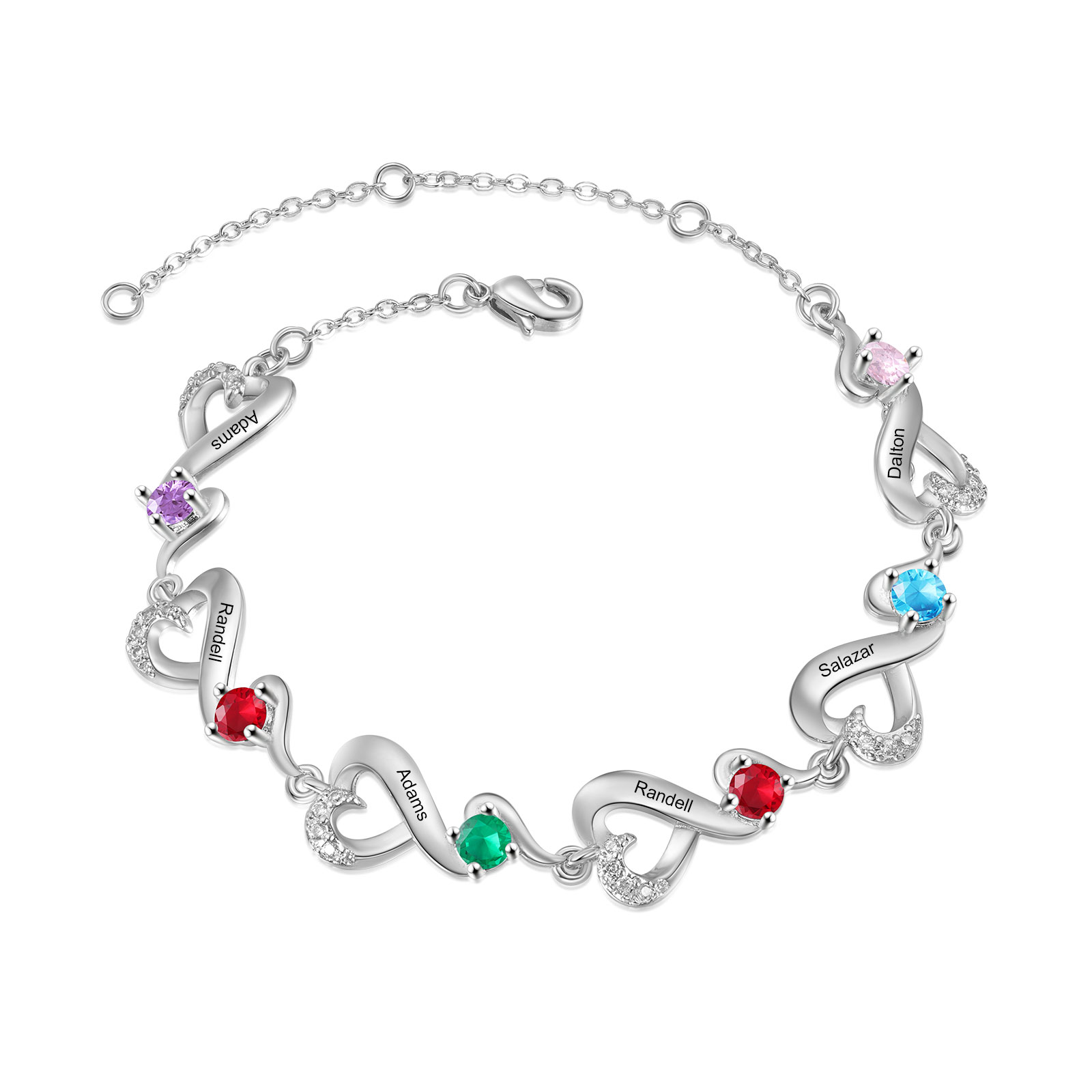 Personalised 6 Names and Birthstones Heart Bracelet Gift for Her | Jessemade