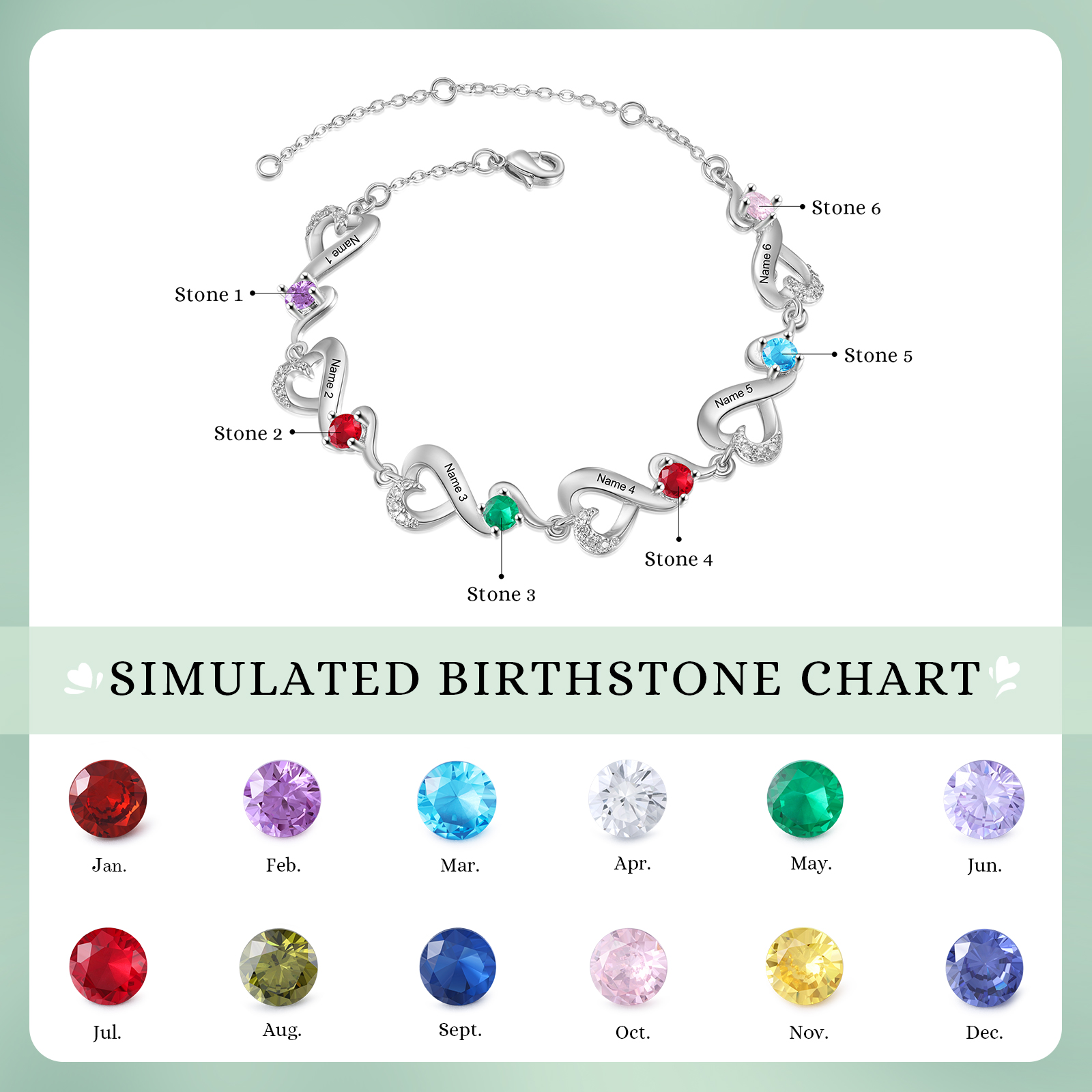 Personalised 6 Names and Birthstones Heart Bracelet Gift for Her | Jessemade
