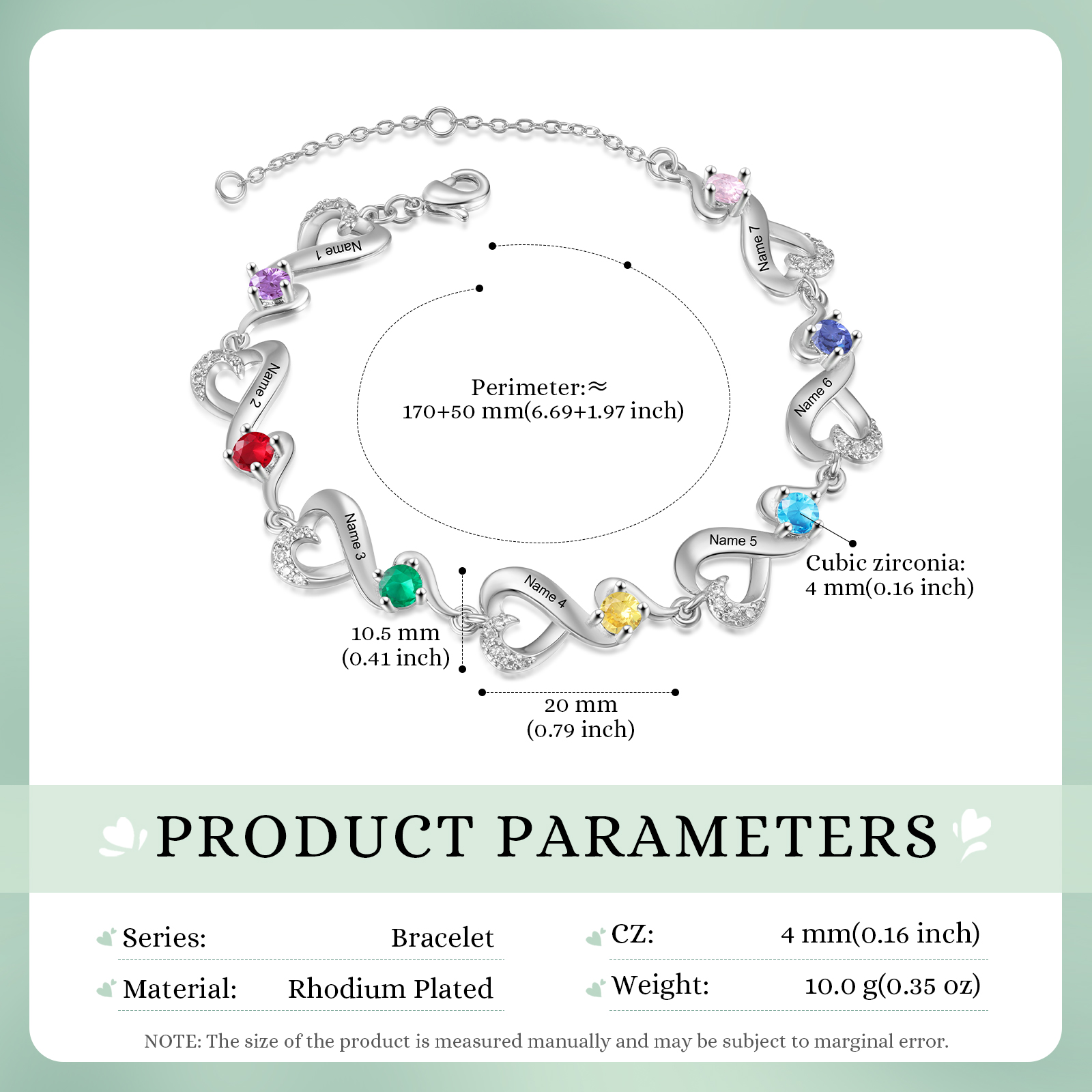 Personalised 7 Names and Birthstones Heart Bracelet Gift for Her | Jessemade