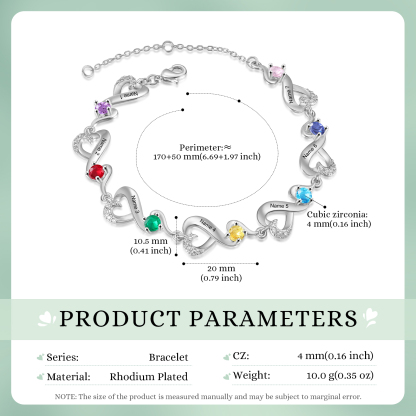 Personalised 7 Names and Birthstones Heart Bracelet Gift for Her | Jessemade