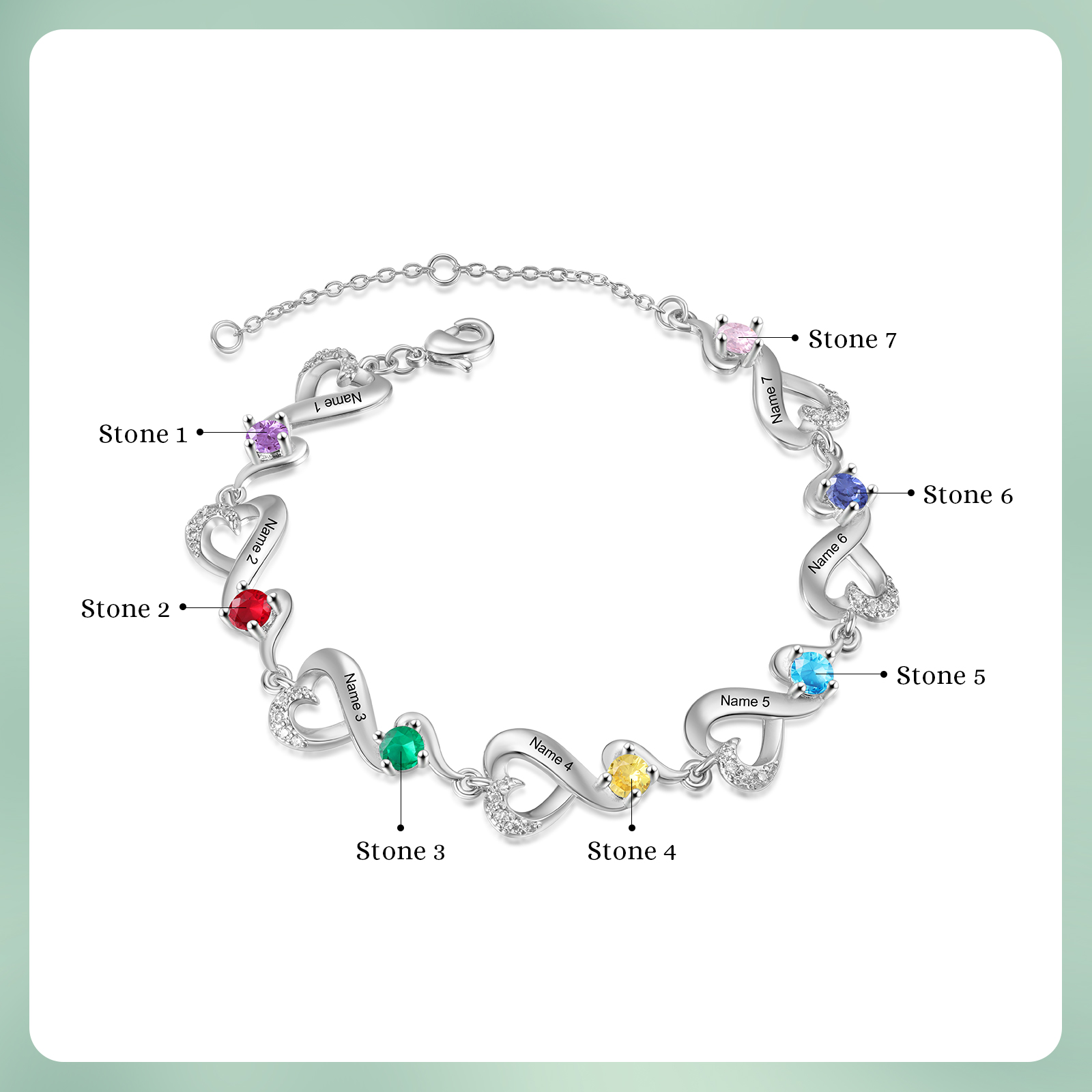 Personalised 7 Names and Birthstones Heart Bracelet Gift for Her | Jessemade
