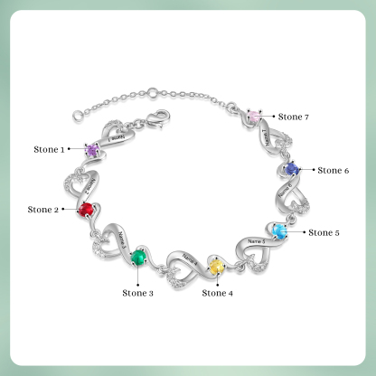 Personalised 7 Names and Birthstones Heart Bracelet Gift for Her | Jessemade