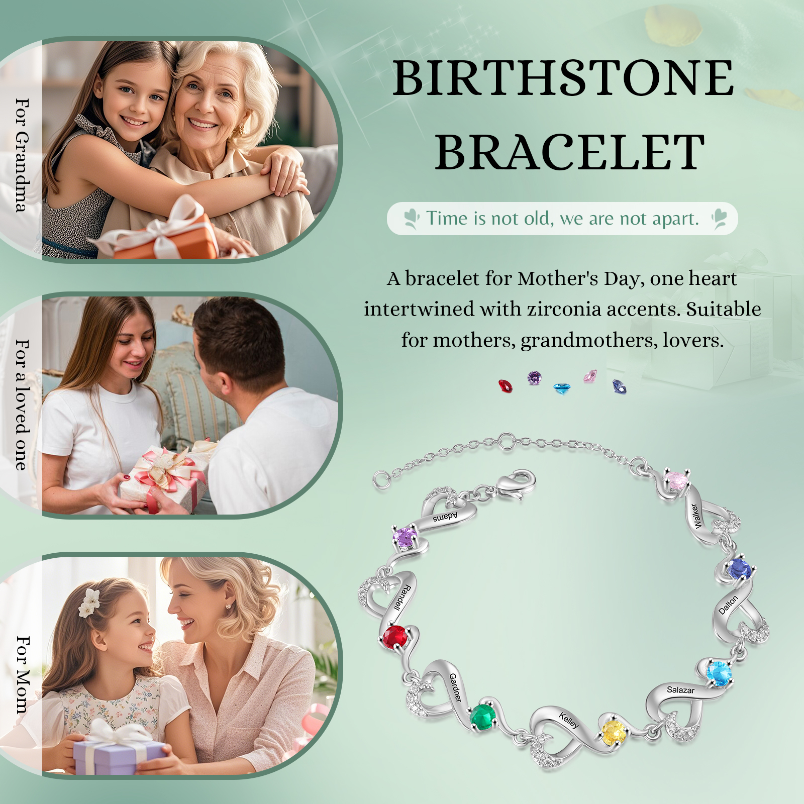 Personalised 7 Names and Birthstones Heart Bracelet Gift for Her | Jessemade