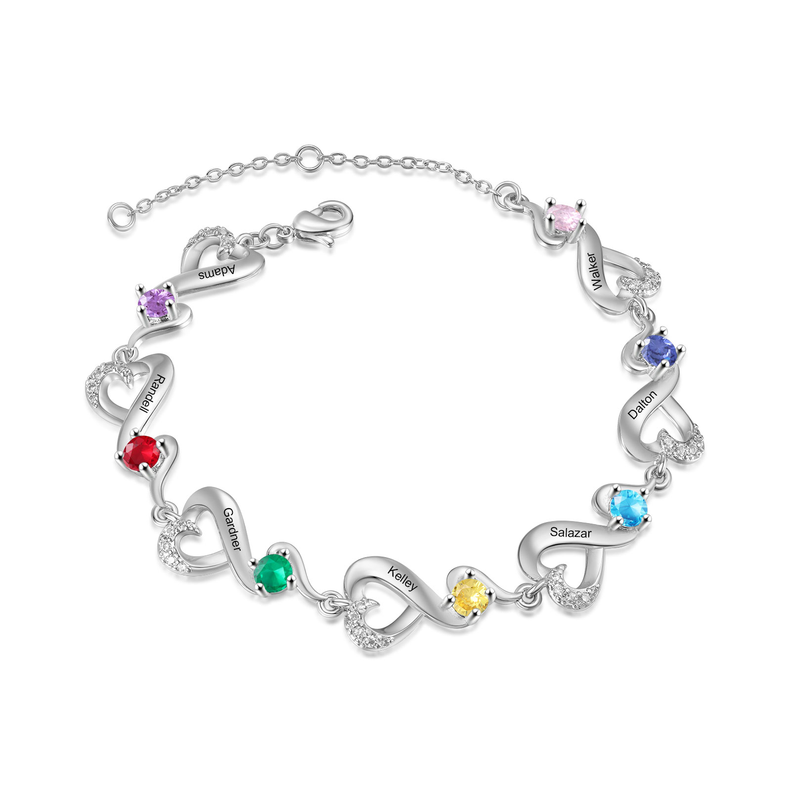 Personalised 7 Names and Birthstones Heart Bracelet Gift for Her | Jessemade