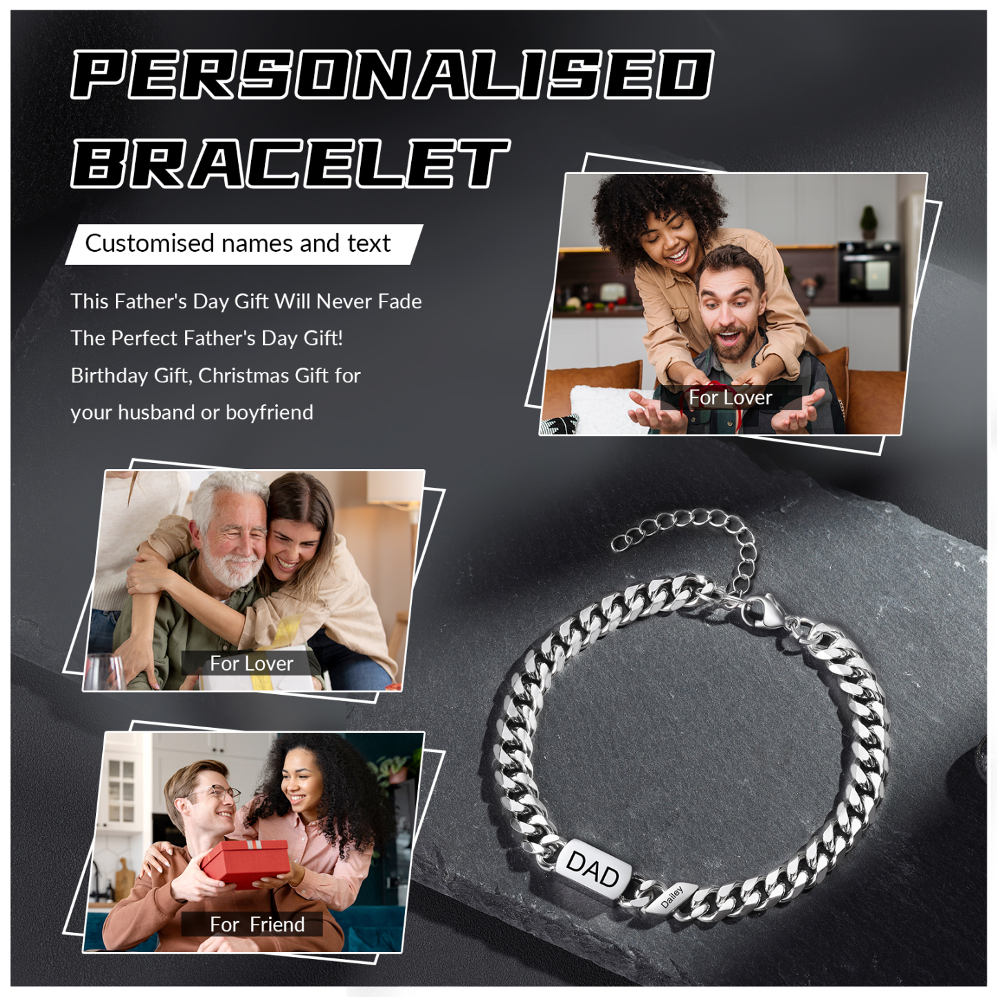 Personalised Cuban Chain Bracelet, Custom Text & 1 Name Engraved Gift for Men | Jessemade
