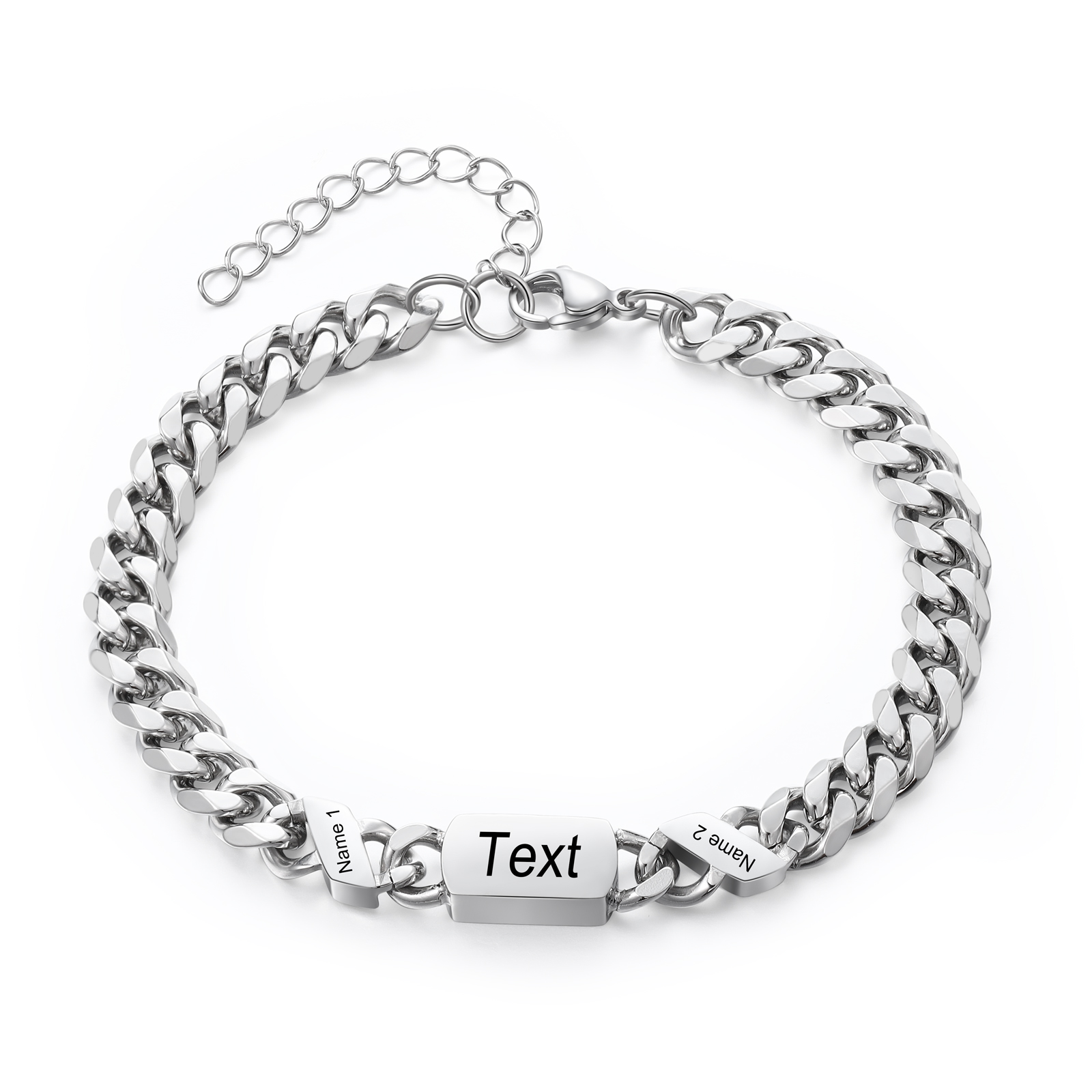 Personalised Cuban Chain Bracelet, Custom Text & 2 Names Engraved Gift for Men | Jessemade