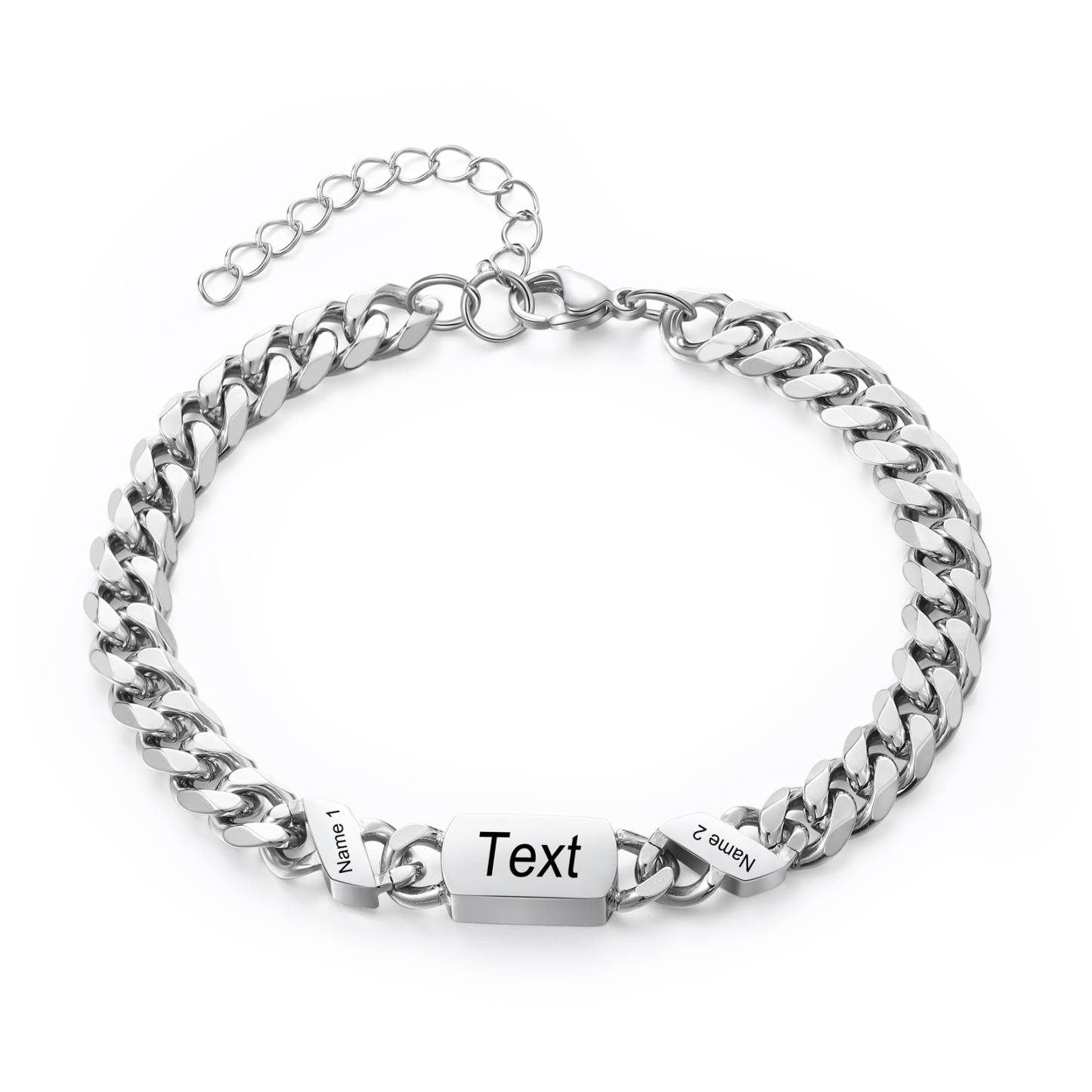 Personalised Cuban Chain Bracelet, Custom Text & 2 Names Engraved Gift for Men | Jessemade