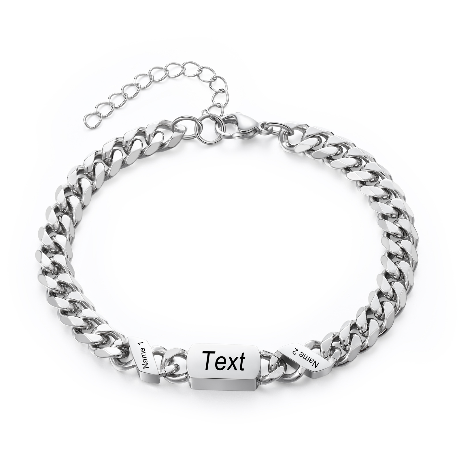Personalised Cuban Chain Bracelet, Custom Text & 2 Names Engraved Gift for Men | Jessemade