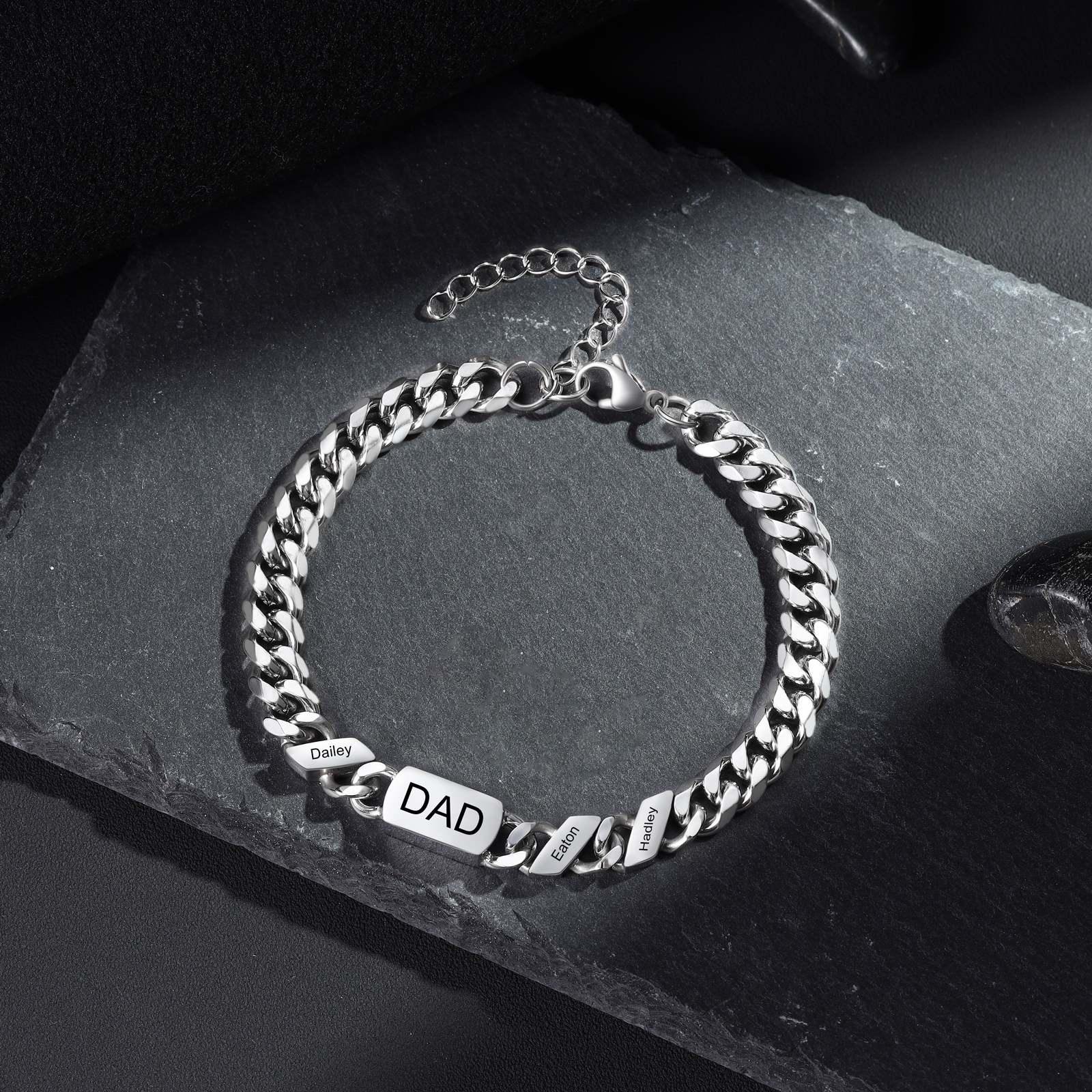 Personalised Cuban Chain Bracelet, Custom Text & 3 Names Engraved Gift for Men | Jessemade