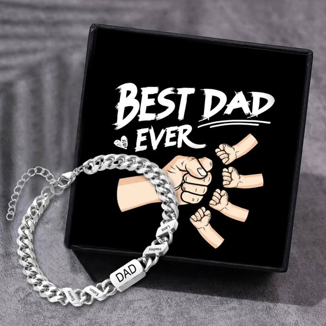 Personalised Cuban Chain Bracelet, Custom Text & 4 Names Engraved Gift for Men | Jessemade