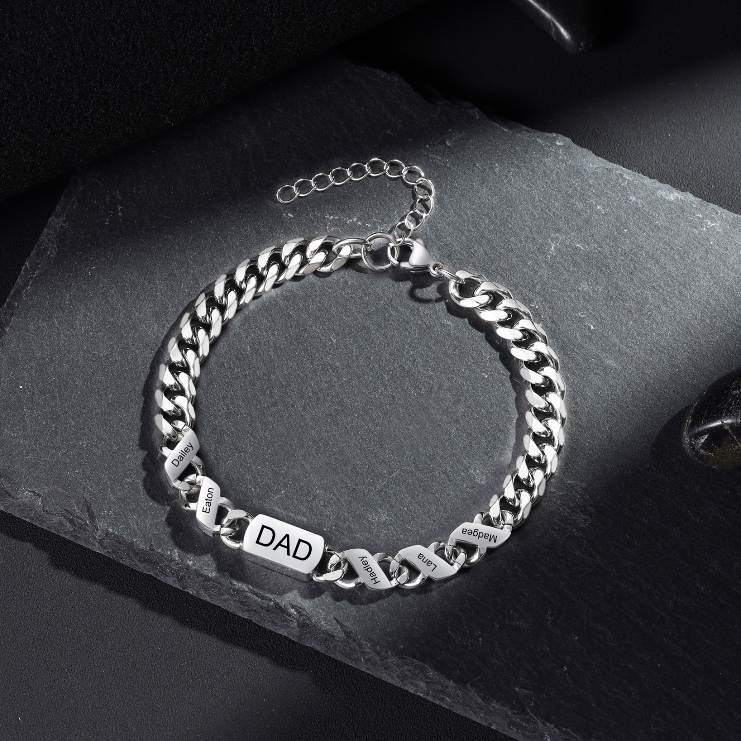 Personalised Cuban Chain Bracelet, Custom Text & 5 Names Engraved Gift for Men | Jessemade