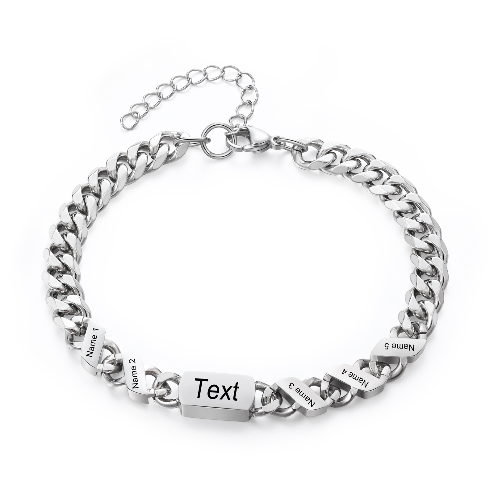 Personalised Cuban Chain Bracelet, Custom Text & 5 Names Engraved Gift for Men | Jessemade