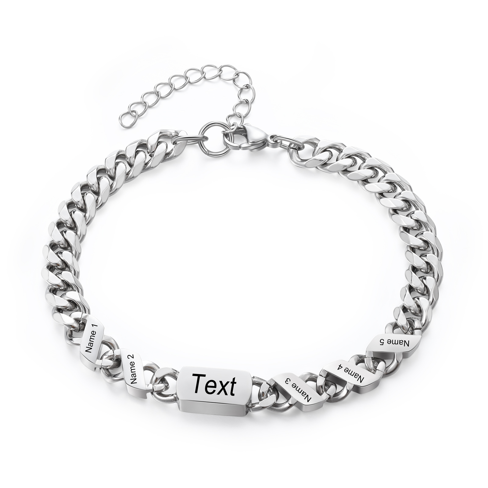 Personalised Cuban Chain Bracelet, Custom Text & 5 Names Engraved Gift for Men | Jessemade