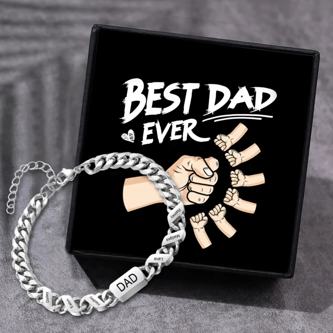 Personalised Cuban Chain Bracelet, Custom Text & 6 Names Engraved Gift for Men | Jessemade