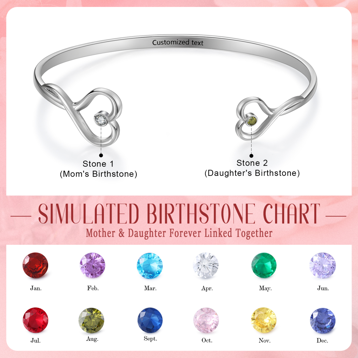 Personalised Mother & Daughter Birthstone Bracelet Custom with 2 Birthstones and Text Mother's Day Gift | Jessemade