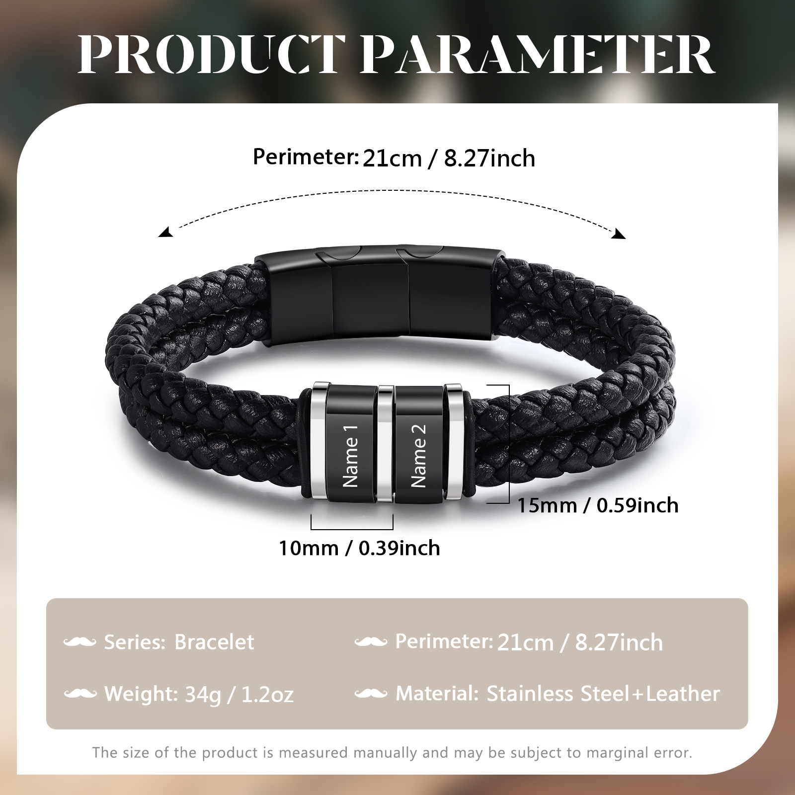 Personalised Braided Leather Bracelet Engraved 2 Names Men's Bracelet for Him