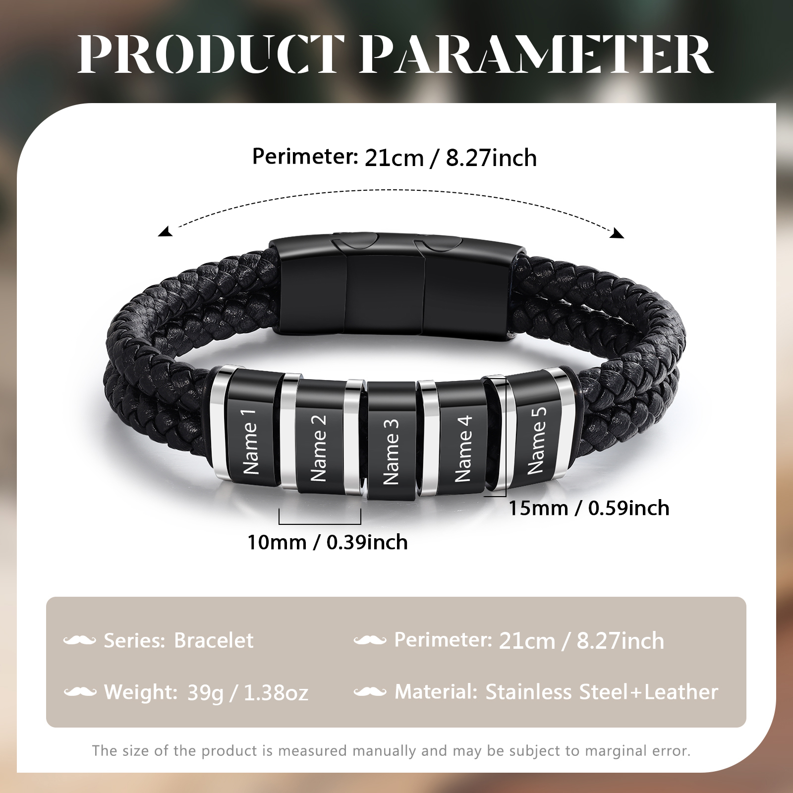 Personalized Men's Bracelet - Black Braided Leather for Grandpa/Grandad/Pop